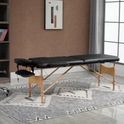 Table de massage pliante lit table de beauté 2 zones portable sac de tranport inclus hauteur réglable dim. 185L x 60l x 61-88H cm bois massif revêtement synthétique noir