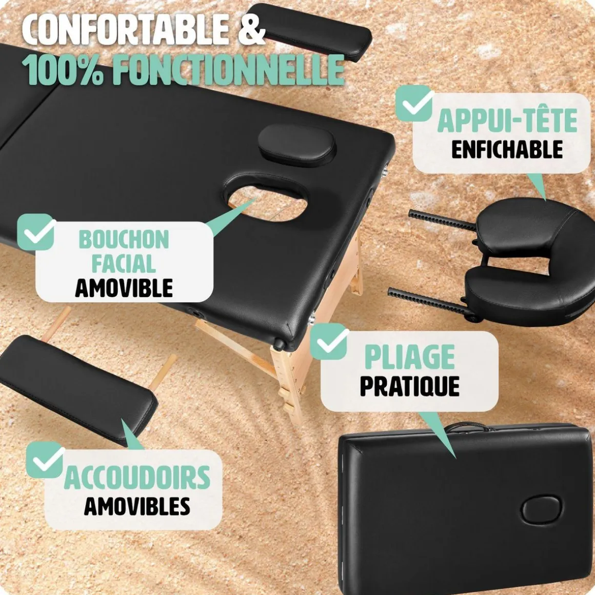 Table de massage pliante 3 Zones Bois, cosmétique, portable