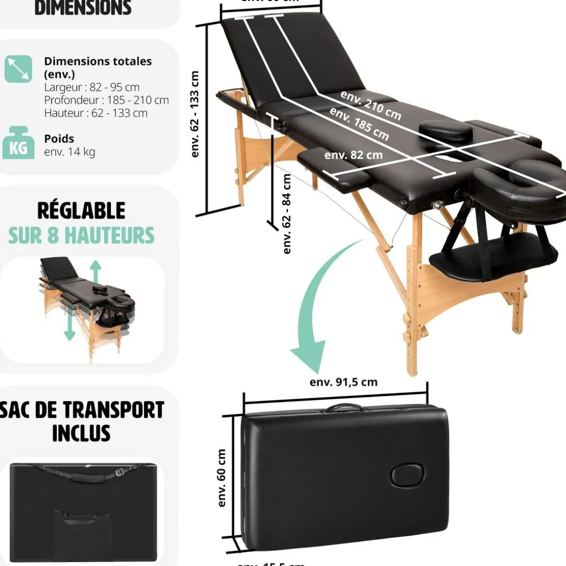 Table de massage pliante 3 Zones Bois, cosmétique, portable