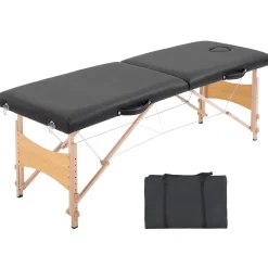 Table de massage pliante lit table de beauté 2 zones portable sac de tranport inclus hauteur réglable dim. 186L x 60l x 58-81H cm bois massif revêtement synthétique noir