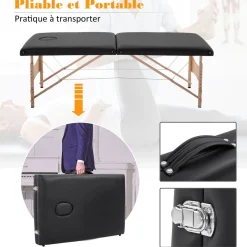 Table de massage pliante lit table de beauté 2 zones portable sac de tranport inclus hauteur réglable dim. 186L x 60l x 58-81H cm bois massif revêtement synthétique noir