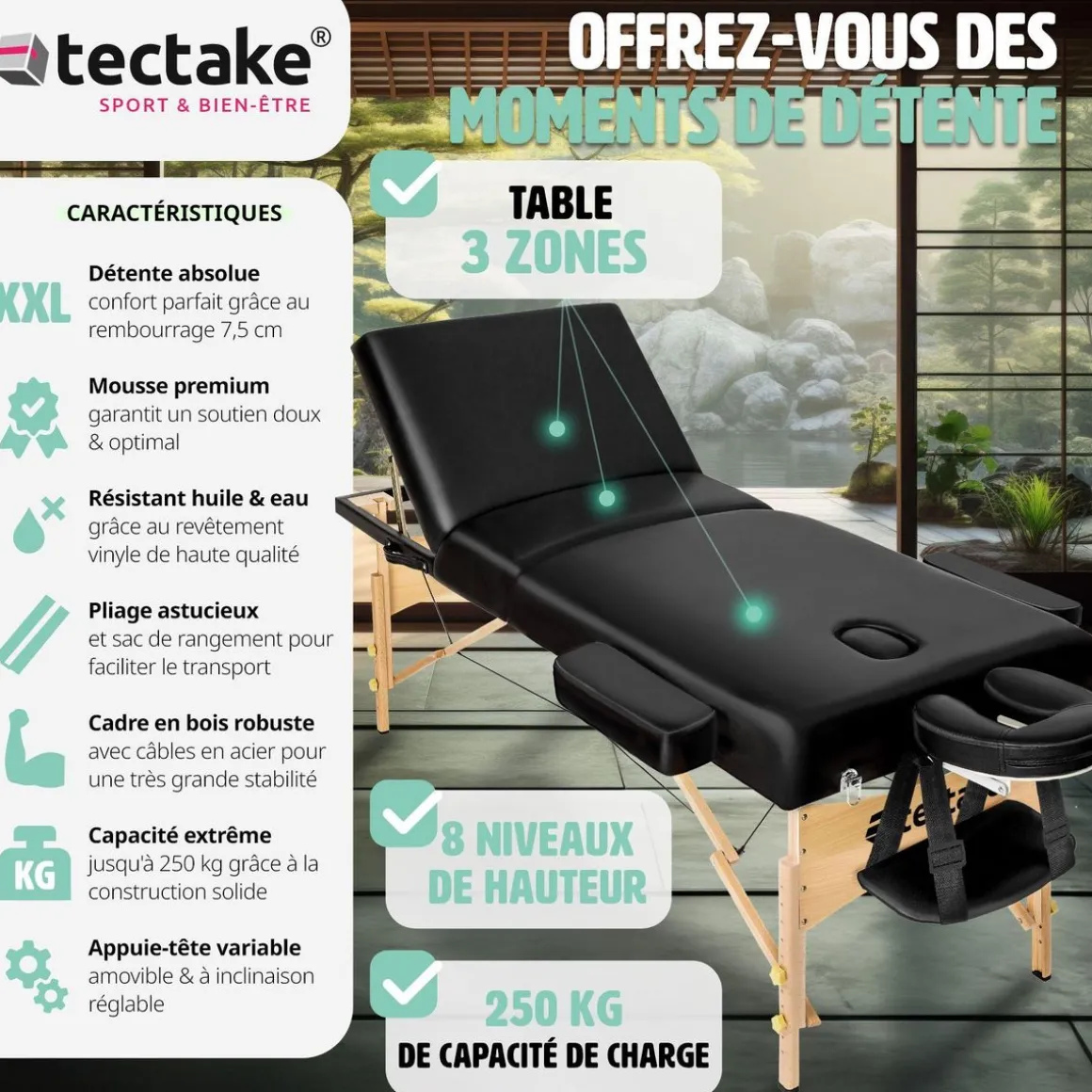 Table de massage Somwang 3 zones avec rembourrage de 7,5cm et châssis en bois