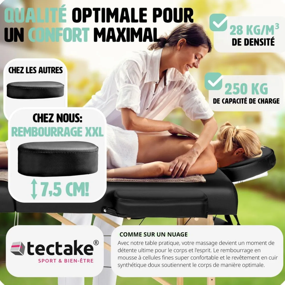 Table de massage Somwang 3 zones avec rembourrage de 7,5cm et châssis en bois