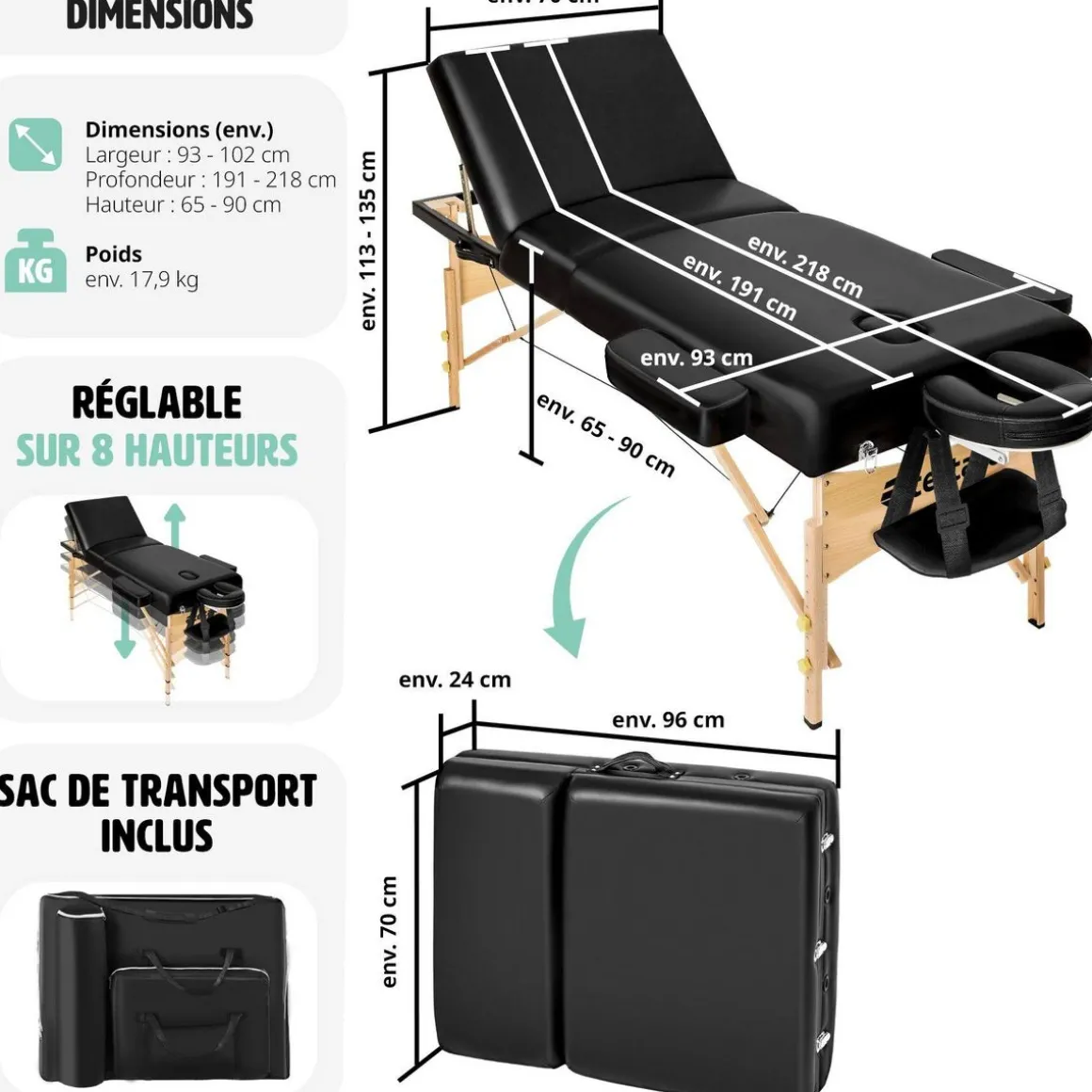Table de massage Somwang 3 zones avec rembourrage de 7,5cm et châssis en bois