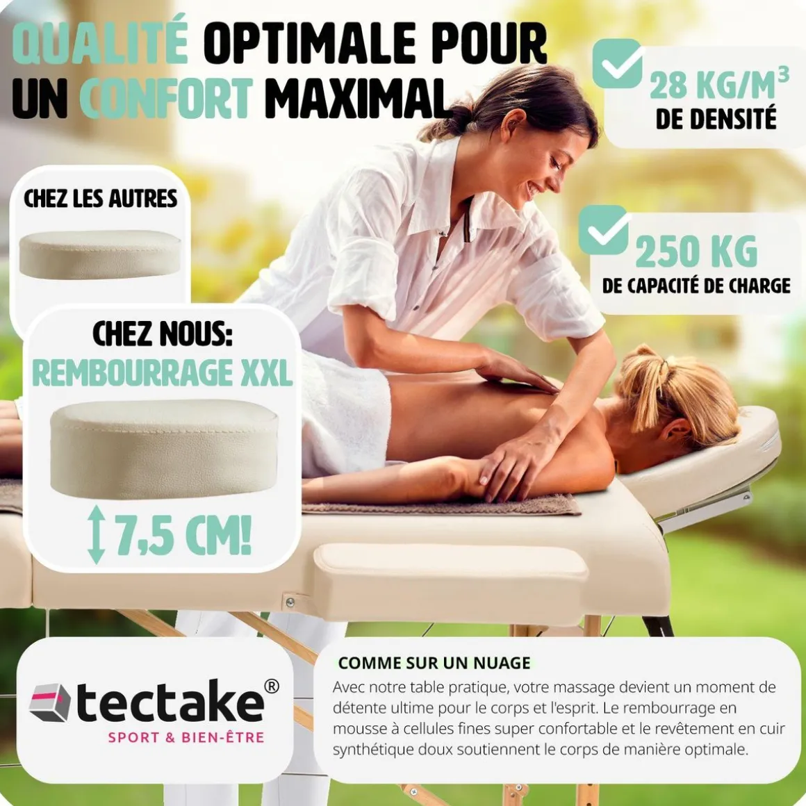 Table de massage Somwang 3 zones avec rembourrage de 7,5cm et châssis en bois