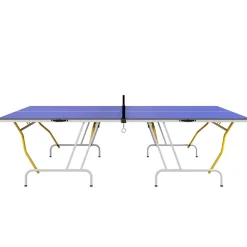 Table de ping pong pliable en 4 - dim. 274 x 152,5 x 76 cm - filet, 2 raquettes, 3 balles inclus - jaune blanc bleu