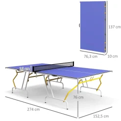 Table de ping pong pliable en 4 - dim. 274 x 152,5 x 76 cm - filet, 2 raquettes, 3 balles inclus - jaune blanc bleu