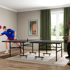 Table de ping pong tennis de table pliable 8 roues - filet, 2 raquettes, 3 balles inclus - noir gris