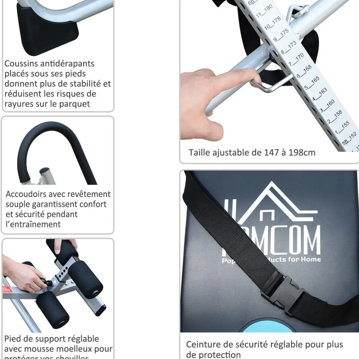 Table d'inversion de musculation pliable ceinture de sécurité réglable acier coloris argent noir
