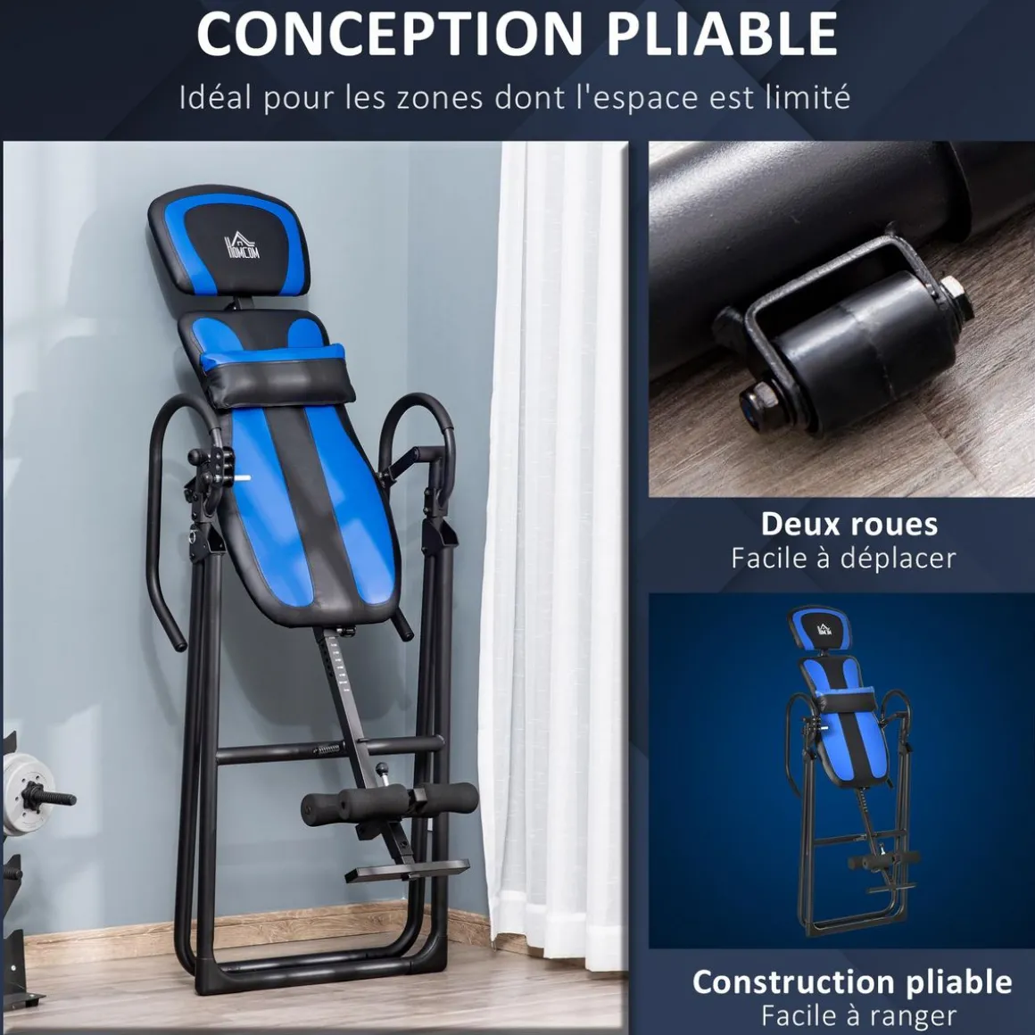 Table d'inversion pliable réglable antidérapante charge max. 110 Kg acier synthétique bleu noir