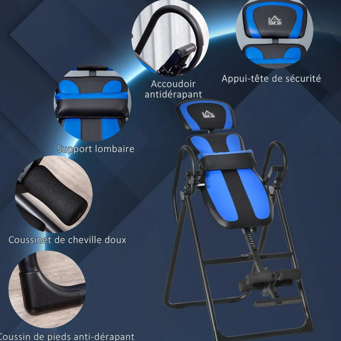 Table d'inversion pliable réglable antidérapante charge max. 110 Kg acier synthétique bleu noir