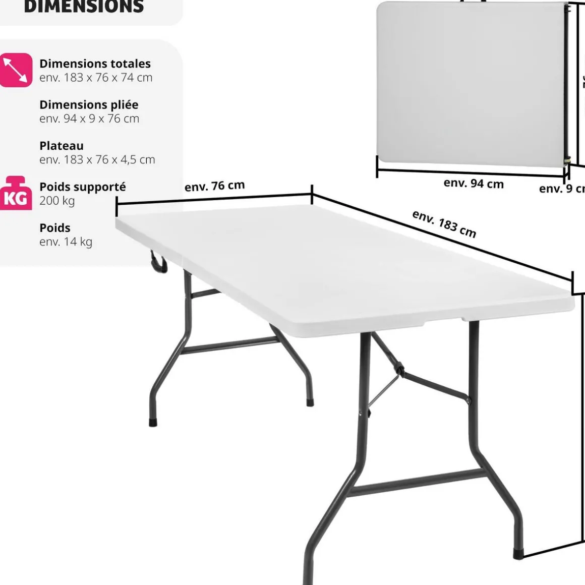 Table pliante 183 x 76 x 74 cm
