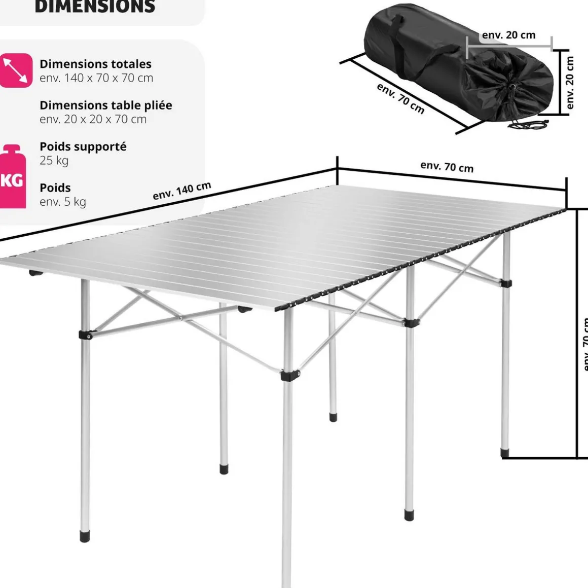 Table pliante 140 x 70 x 70 cm