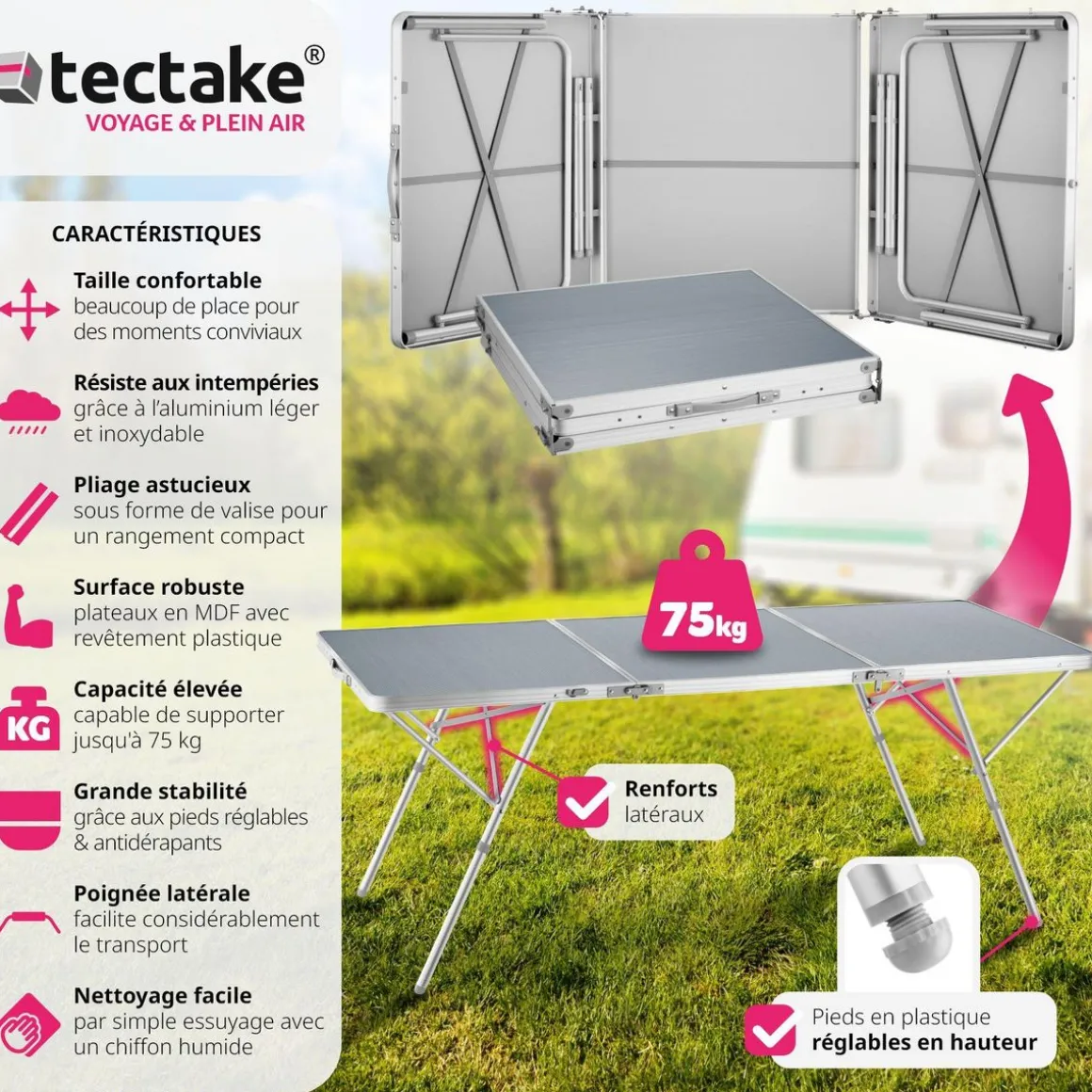 Table pliante Jumbo en aluminium avec poignée de transport 180x70x70,5cm