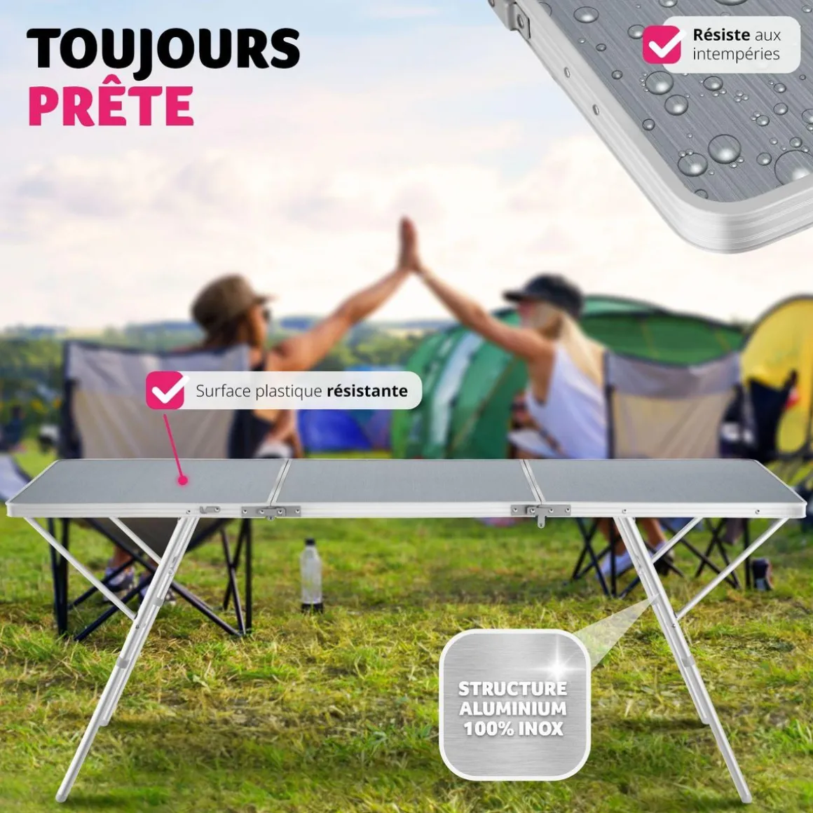 Table pliante Jumbo en aluminium avec poignée de transport 180x70x70,5cm