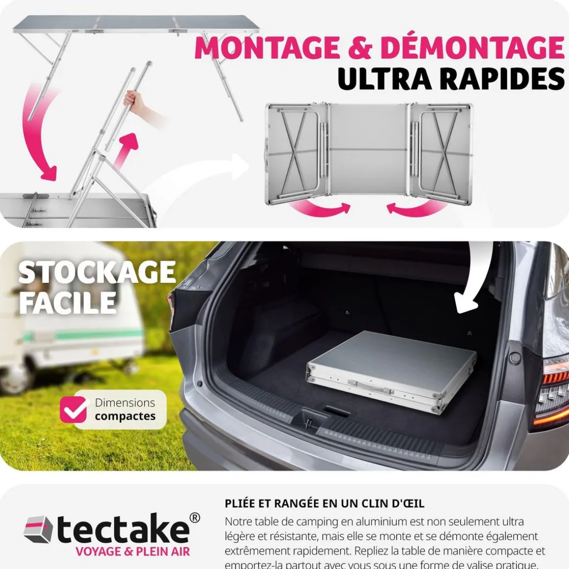 Table pliante Jumbo en aluminium avec poignée de transport 180x70x70,5cm