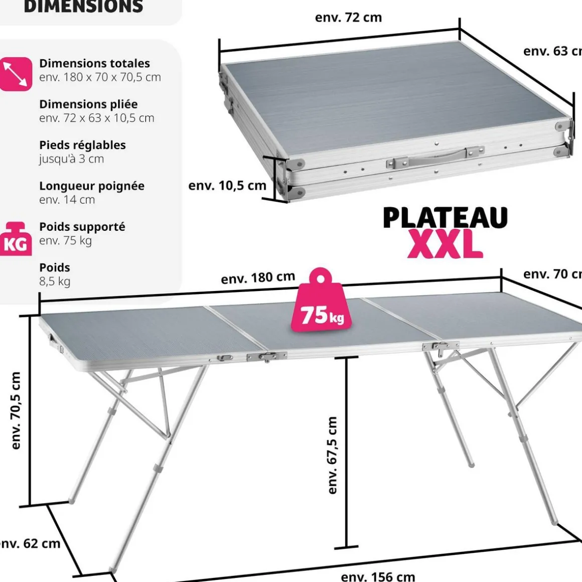Table pliante Jumbo en aluminium avec poignée de transport 180x70x70,5cm