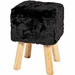 Tabouret Carré Imitation Fourrure Josie 45cm Noir