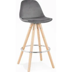 Tabouret de Bar Velours & Bois Vinea 87cm Gris & Naturel