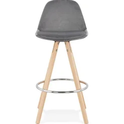 Tabouret de Bar Velours & Bois Vinea 87cm Gris & Naturel