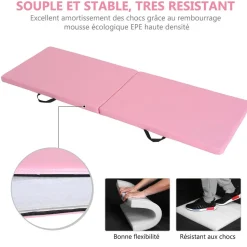 Tapis de gymnastique yoga pilates fitness pliable portable grand confort 180L x 60l x 5H cm revêtement synthétique rose
