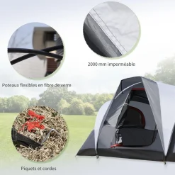 Tente de camping 2-3 personnes - fenêtres à mailles double couche - sac de transport - dim. 355L x 190l x 170H cm - polyester gris