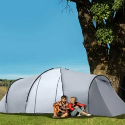 Tente de camping familiale 4-6 personnes 2 cabines 2 portes auvent 5,9L x 2,45l x 1,93H m rouge gris