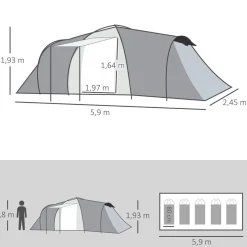 Tente de camping familiale 4-6 personnes 2 cabines 2 portes auvent 5,9L x 2,45l x 1,93H m rouge gris