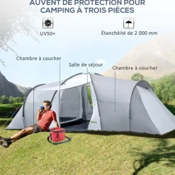 Tente de camping familiale 4-6 personnes 2 cabines 2 portes auvent 5,9L x 2,45l x 1,93H m rouge gris