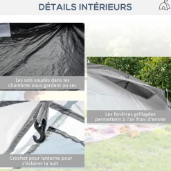 Tente de camping familiale 4-6 personnes 2 cabines 2 portes auvent 5,9L x 2,45l x 1,93H m rouge gris