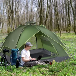 Tente de camping pop up 2-3 personnes 2 portes vert kaki montage démontage facile sac de transport inclus fibre verre polyester