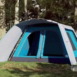 Tente familiale avec porche 9 personnes bleu dégagement rapide