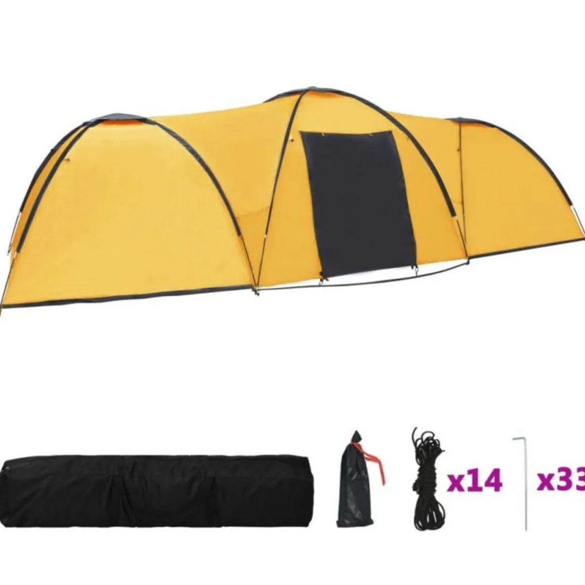 Tente igloo de camping 650x240x190 cm 8 personnes Jaune