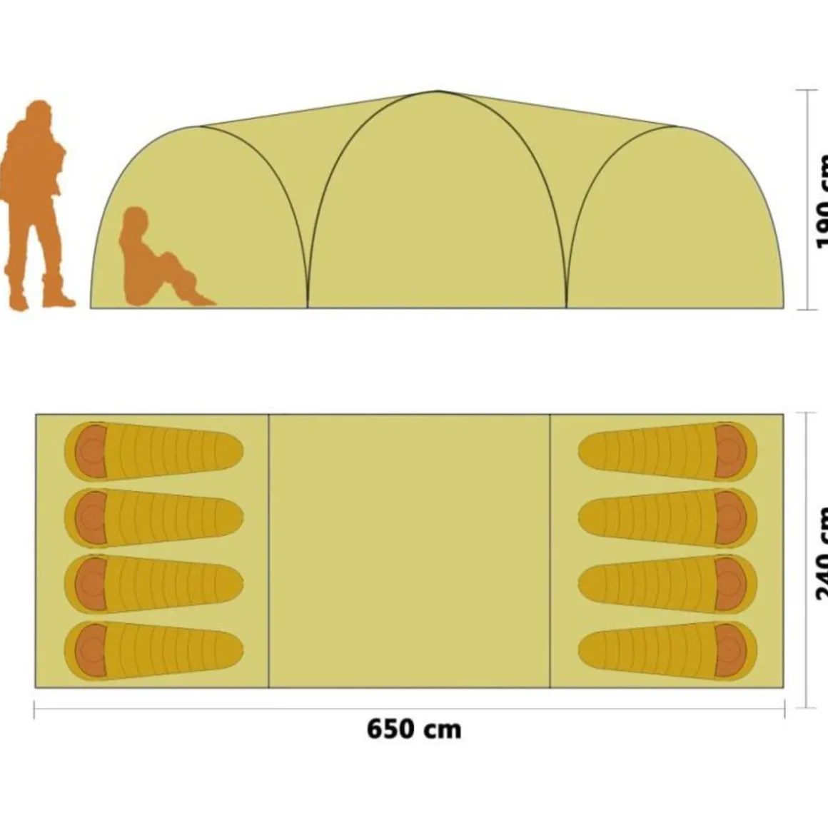 Tente igloo de camping 650x240x190 cm 8 personnes Jaune