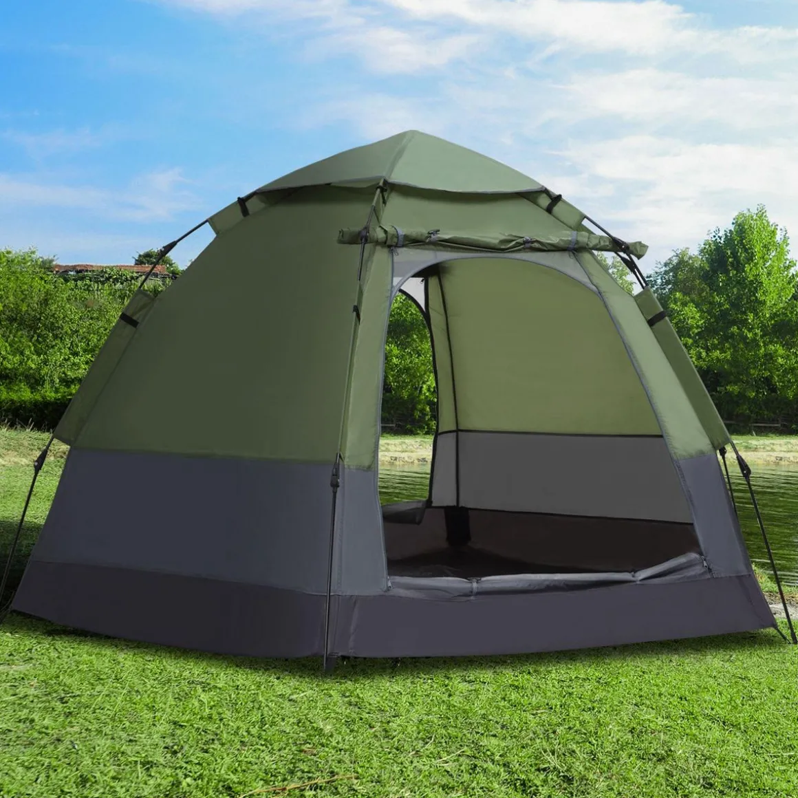 Tente pop up montage instantané - tente de camping 3-4 pers. - 2 grandes portes - dim. 2,6L x 2,6l x 1,5H m fibre verre polyester oxford vert gris