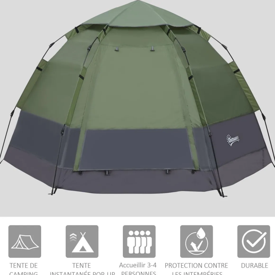 Tente pop up montage instantané - tente de camping 3-4 pers. - 2 grandes portes - dim. 2,6L x 2,6l x 1,5H m fibre verre polyester oxford vert gris