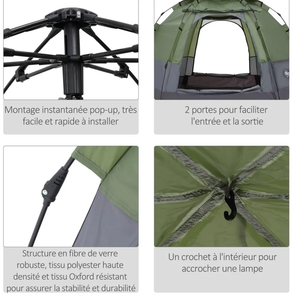 Tente pop up montage instantané - tente de camping 3-4 pers. - 2 grandes portes - dim. 2,6L x 2,6l x 1,5H m fibre verre polyester oxford vert gris