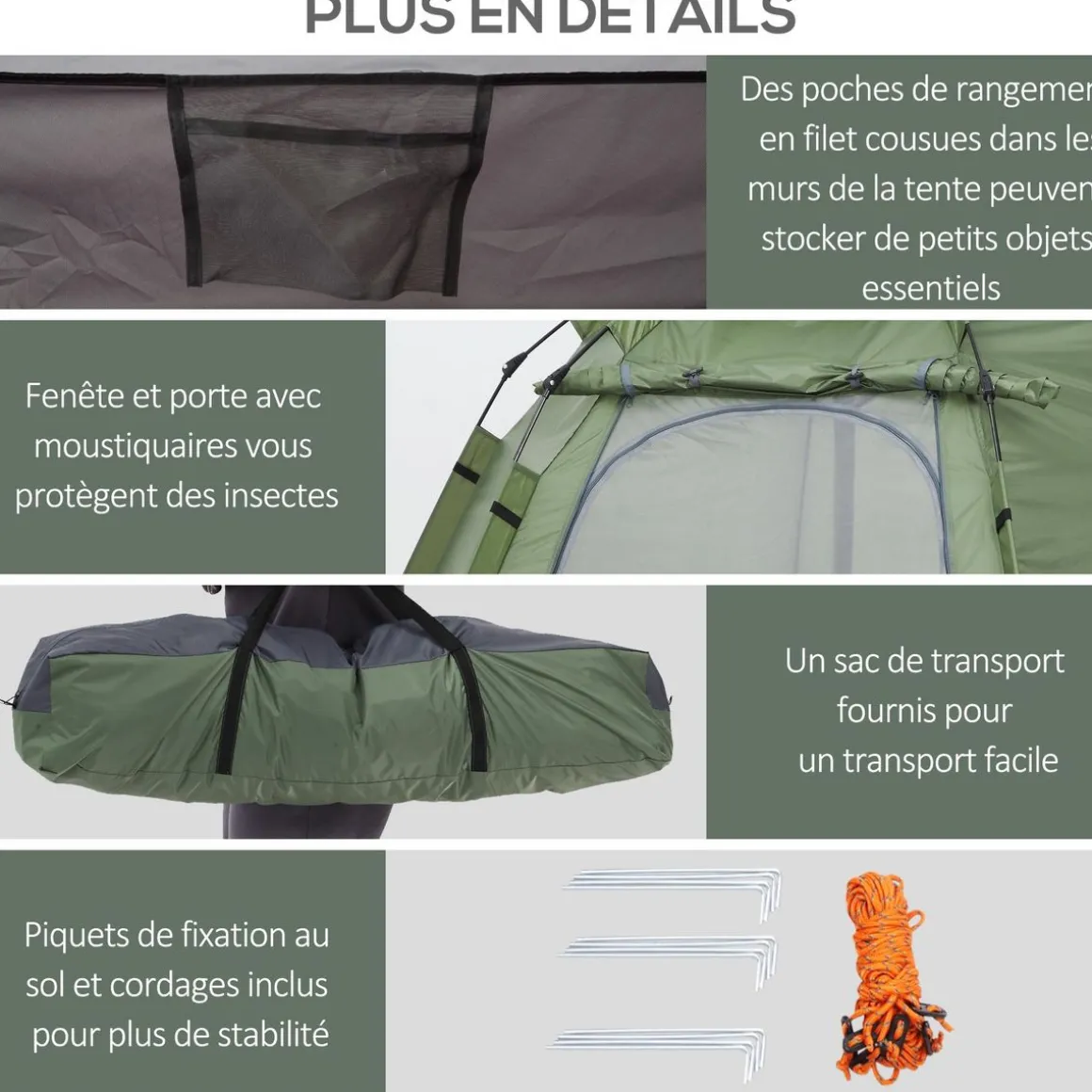 Tente pop up montage instantané - tente de camping 3-4 pers. - 2 grandes portes - dim. 2,6L x 2,6l x 1,5H m fibre verre polyester oxford vert gris