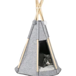 Tente tipi pour animaux - teepee chien chat - coussin épais grand confort inclus - structure bois de pin feutre polyester gris