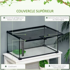 Terrarium en verre - vivarium reptiles & batraciens - habitat tortue - couvercle grillagé coulissant verrouillable - distributeur eau, thermomètre inclus - métal noir verre