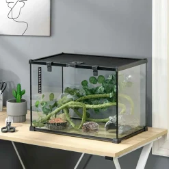 Terrarium verre transparent - couvercle treillis métallique coulissant verrouillable, trappe, distributeur eau, thermomètre - noir