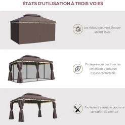 Tonnelle barnum pavillon de jardin style colonial double toit toile moustiquaires et toiles amovibles 3,9L x 2,9l x 2,8H m chocolat