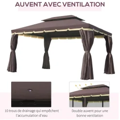 Tonnelle barnum pavillon de jardin style colonial double toit toile moustiquaires et toiles amovibles 3,9L x 2,9l x 2,8H m chocolat