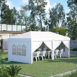 Tonnelle barnum pliant pop-up imperméabilisé 5,85L x 2,95l x 2,7H m 6 parois latérales amovibles 4 fenêtres + sac de transport blanc