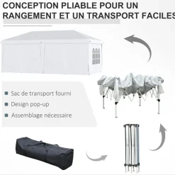 Tonnelle barnum pliant pop-up imperméabilisé 5,85L x 2,95l x 2,7H m 6 parois latérales amovibles 4 fenêtres + sac de transport blanc