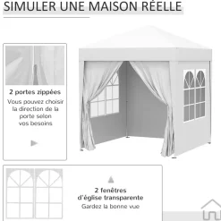 Tonnelle de jardin tente pliante barnum pop-up 2 x 2 m 4 parois latérales amovibles 2 fenêtres sac de transport pour camping, festival, plage, jardin, blanc