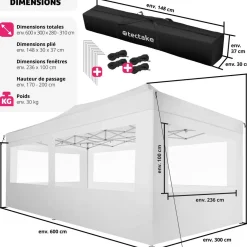 Tonnelle pliable 3x6 m avec 4 parois