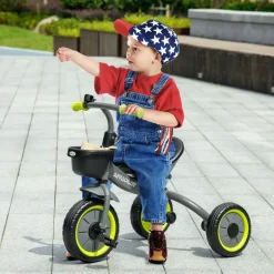 Tricycle enfant multi-équipé garde-boue sonnette panier pédales antidérapantes siège réglable avec dossier métal noir