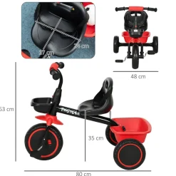 Tricycle pour enfant évolutif avec siège réglable - pédales - 2 paniers - ceinture - pour enfant de 2 à 5 ans - rouge et noir