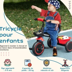 Tricycle pour enfant évolutif avec siège réglable - pédales - 2 paniers - ceinture - pour enfant de 2 à 5 ans - rouge et noir